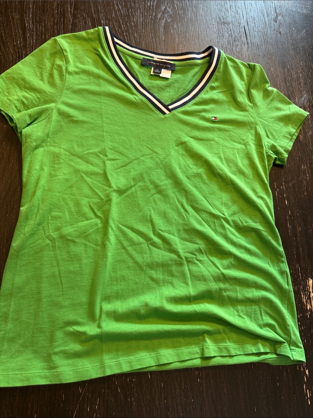 Tommy Hilfiger Bright Green V-Neck Short Sleeve Tee with Striped Trim